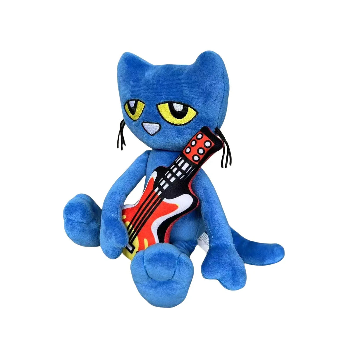 A blue cartoon cat plush toy with yellow eyes holding a red and white electric guitar.