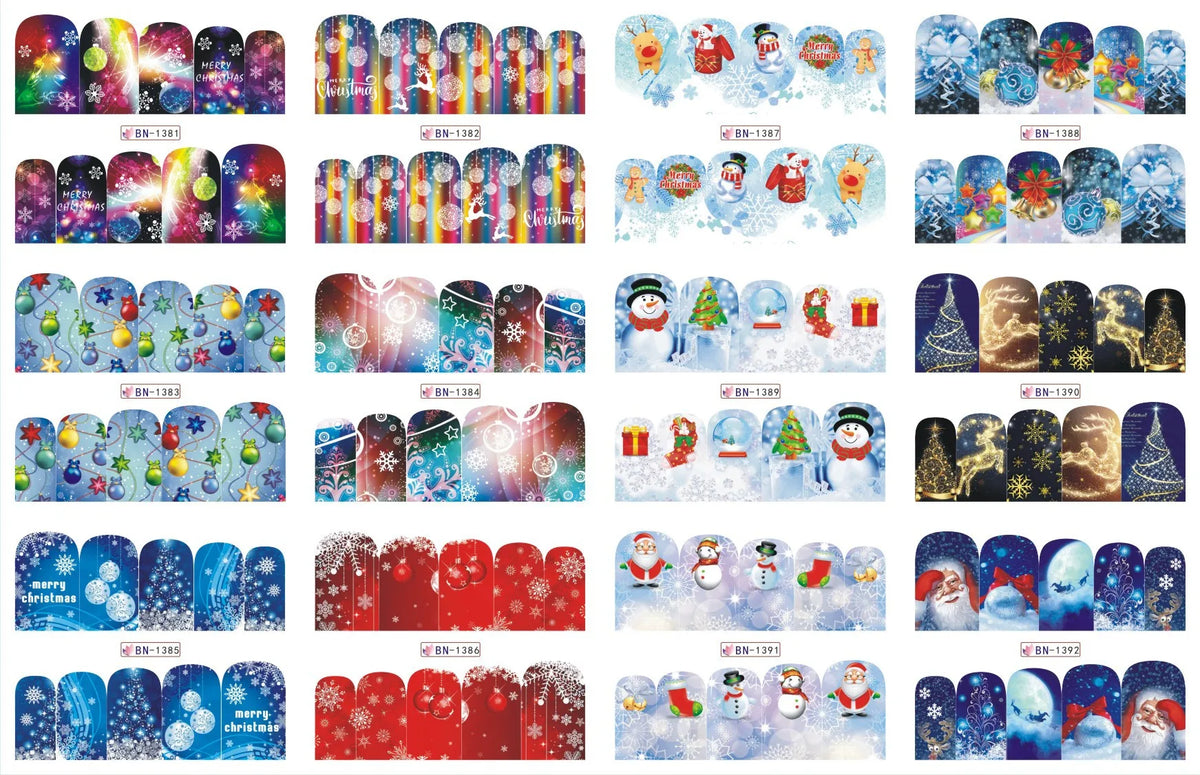 A collection of festive Christmas themed nail art stickers featuring snow, ornaments, and holiday designs for manicures.