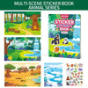 A colorful multi-scene sticker book featuring animals and nature scenes for kids.