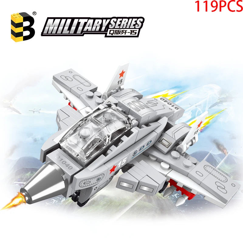 A gray police helicopter and SWAT carrier vehicle building blocks set with red accents, shown in a dynamic pose.