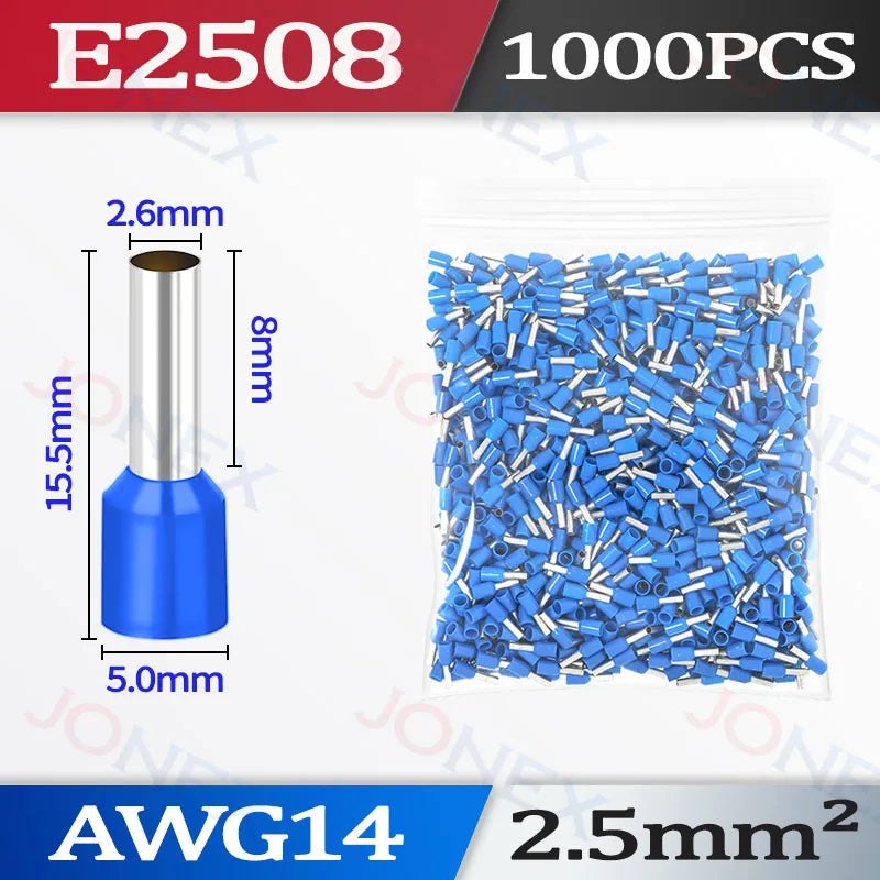 Bag of E2508 insulated tubular crimp terminals, 1000 pieces, with various sizes and a measurement guide.