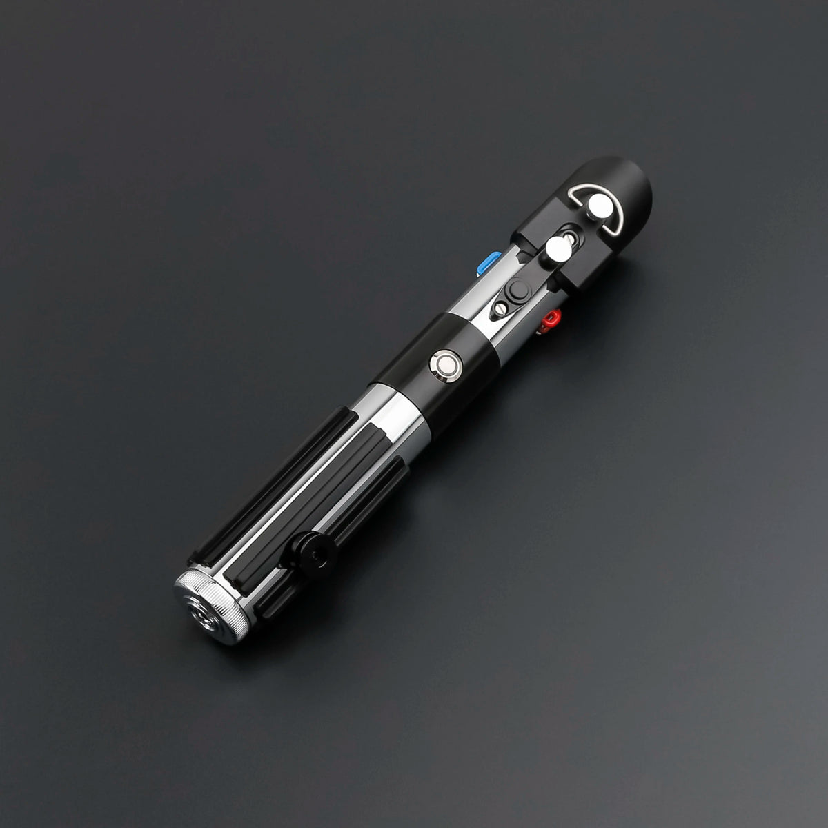 A black lightsaber with a silver hilt and blue and red lights visible on the blade tip.