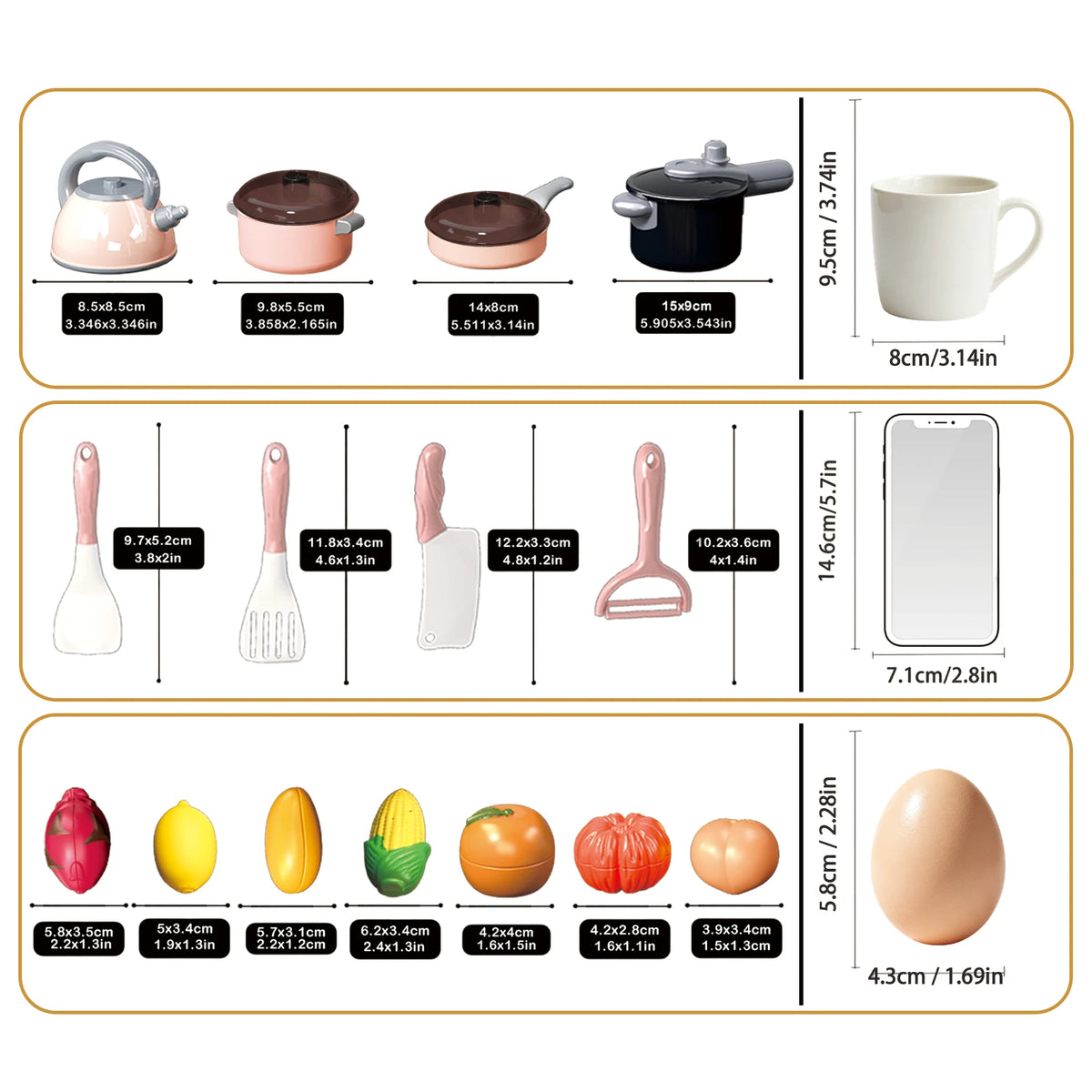 Kids pretend play kitchen set with various fruits, vegetables, and cookware items.
