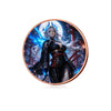 A challenge coin featuring a female fantasy witch with blue magical energy and horns against a dark, fiery background.