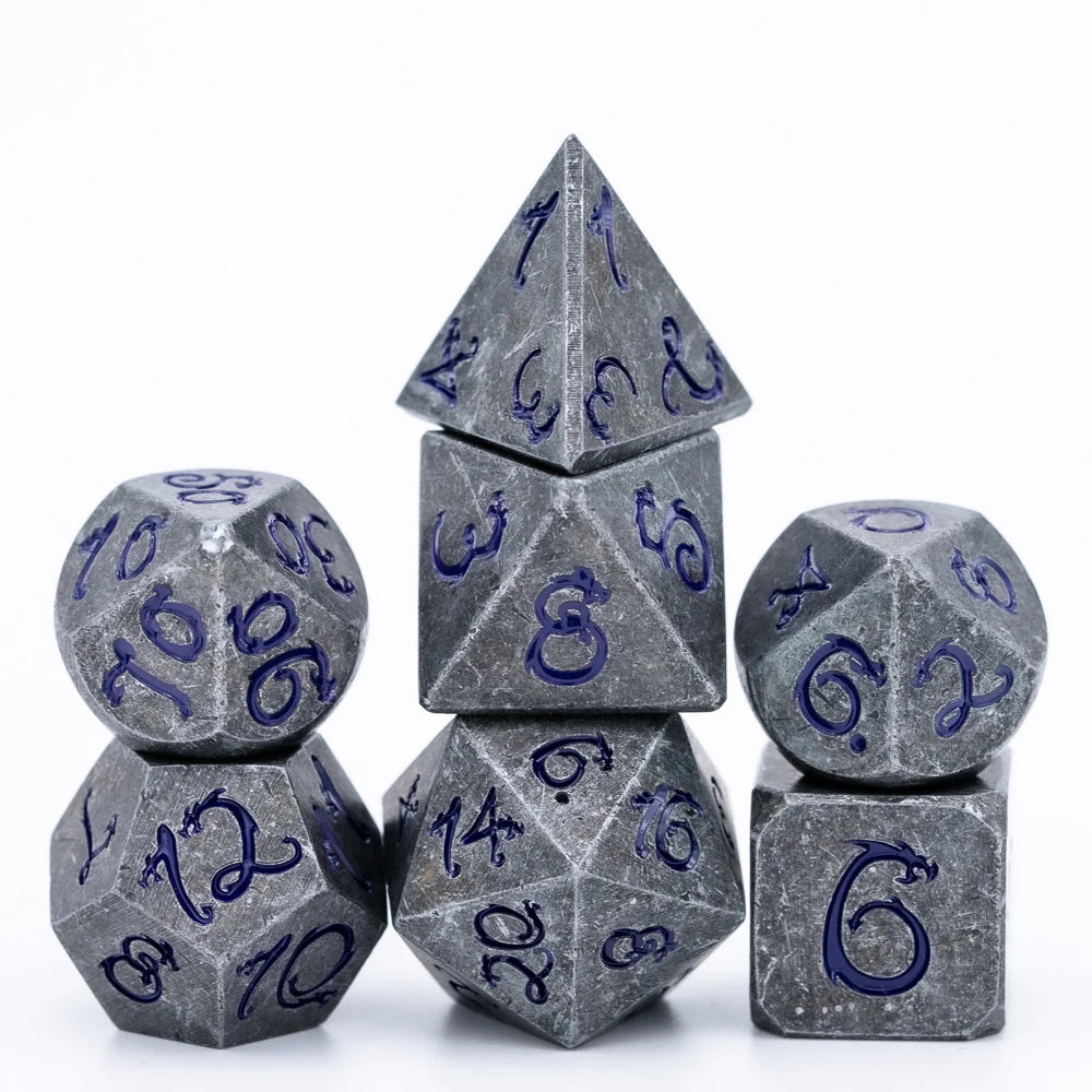 Premium Metal Polyhedral Dice Set with Dragon Font
