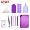 A purple diamond painting tool kit including a white tool, tweezers, paint pens, and a storage tray.