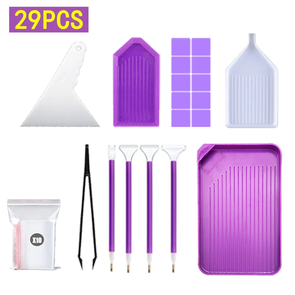 A purple diamond painting tool kit including a white tool, tweezers, paint pens, and a storage tray.