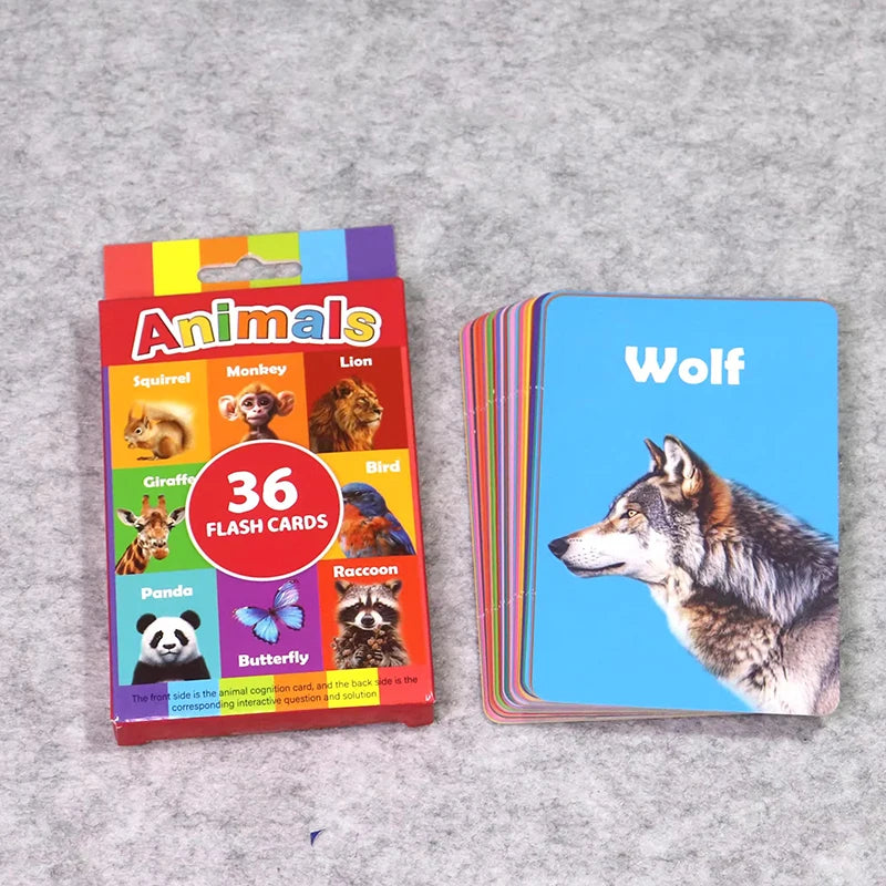 A set of 36 flash cards featuring various animals including a squirrel, monkey, lion, giraffe, panda, and wolf.