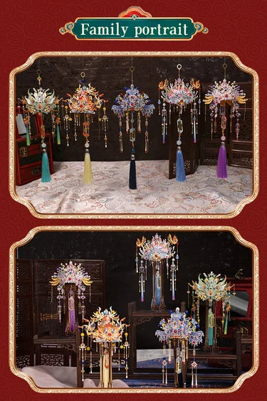 A family portrait featuring ornate metal phoenix crown models and decorative hanging elements.