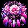 A detailed painting featuring a pink rose surrounded by purple and pink feathers, butterflies, and a diamond-like circular fr
