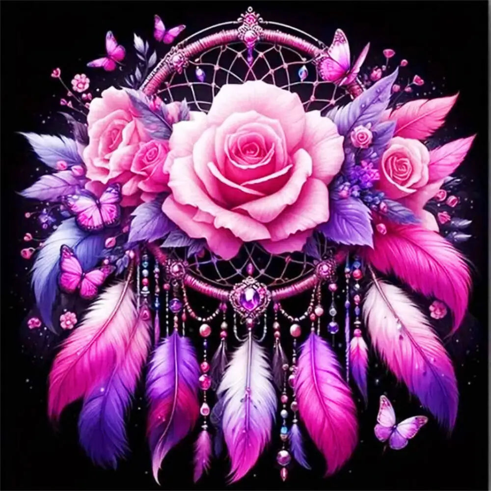 A detailed painting featuring a pink rose surrounded by purple and pink feathers, butterflies, and a diamond-like circular fr