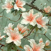 Watercolor painting of pink and white lily flowers blooming on branches against a soft green background.