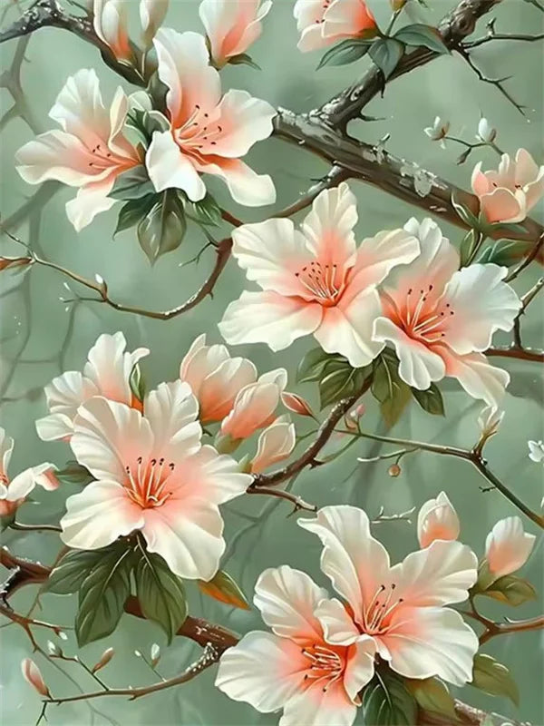 Watercolor painting of pink and white lily flowers blooming on branches against a soft green background.