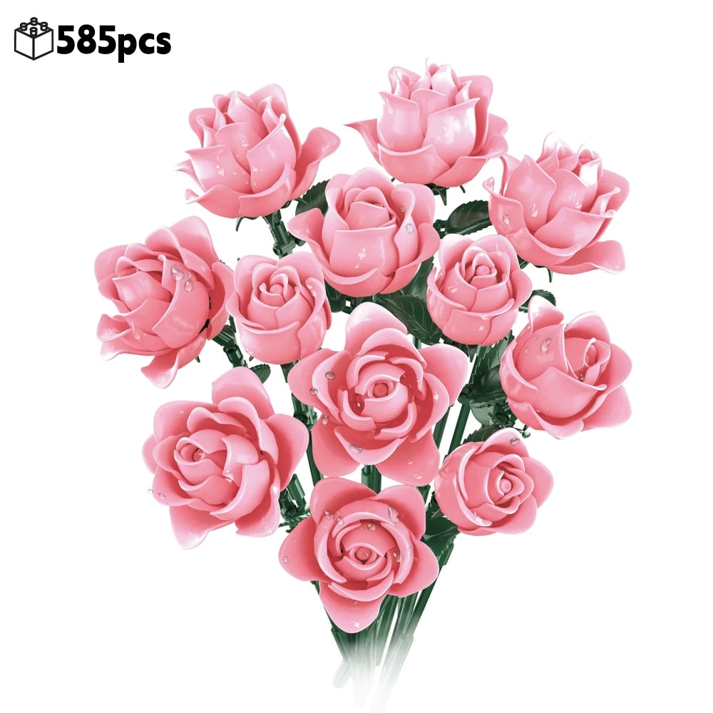 A bouquet of pink and light red roses made from building blocks.