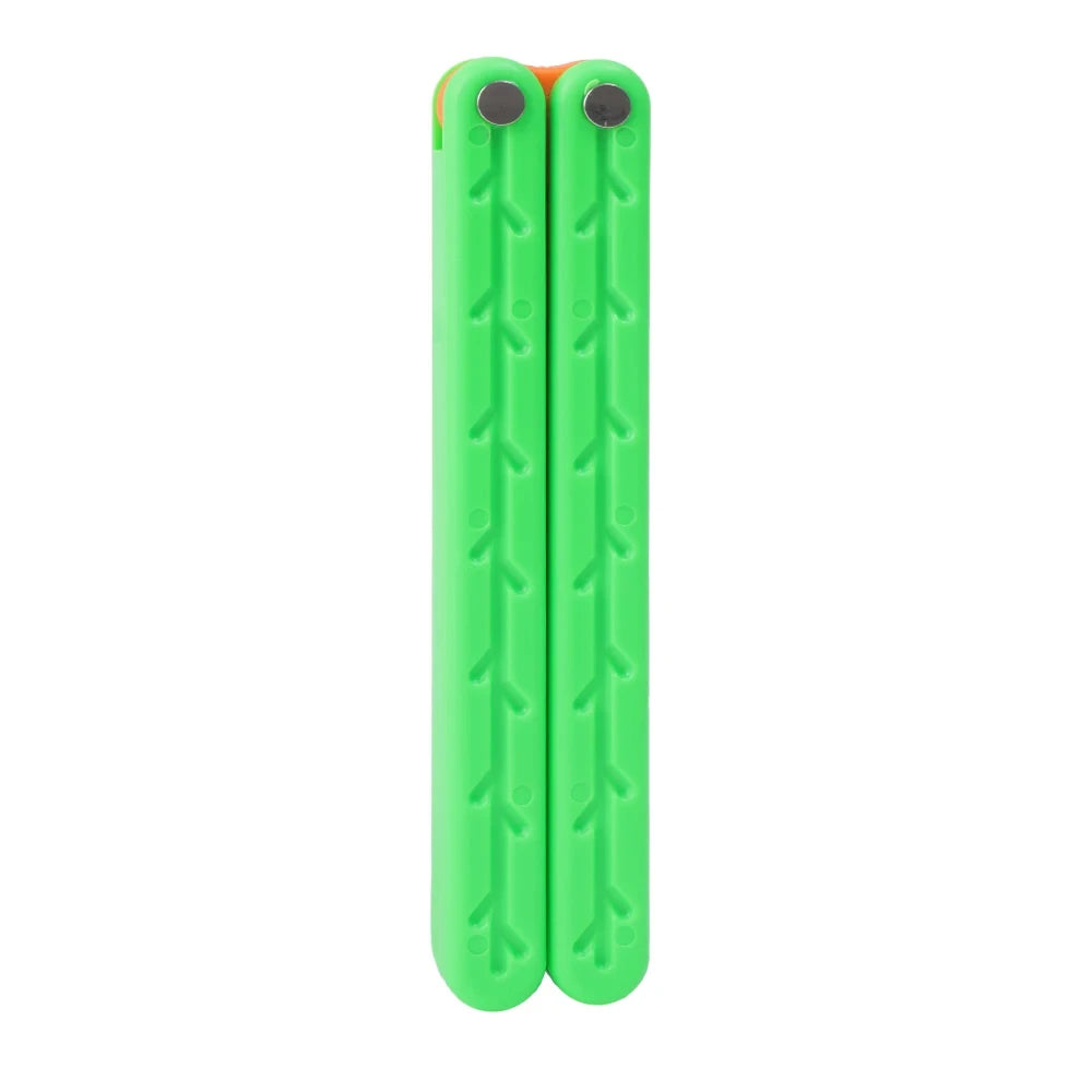 A pair of bright green 3D printed butterfly knife fidget toys for stress relief