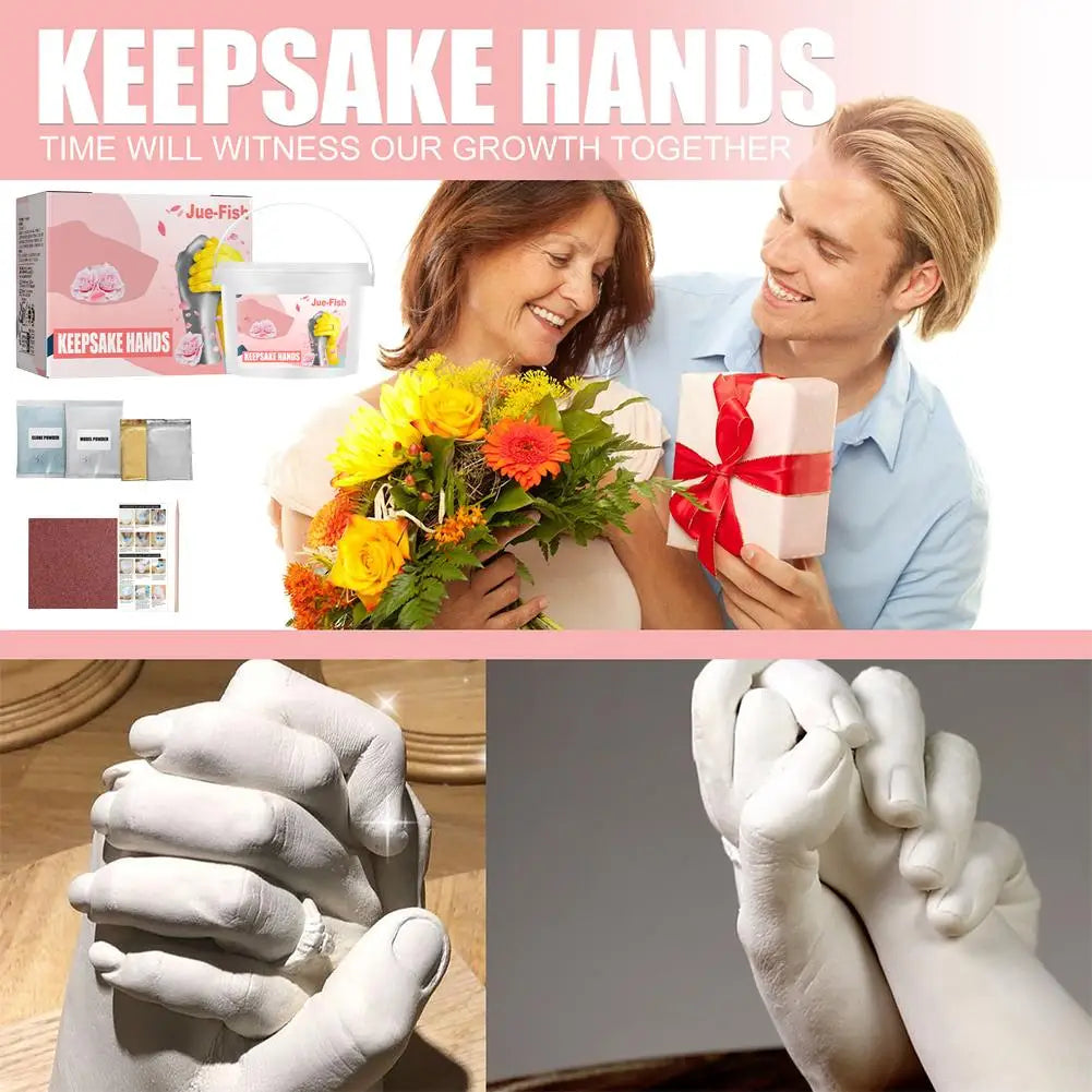A couple is shown with a bouquet of flowers and a gift box, alongside hands demonstrating the use of a 3D hand and foot print