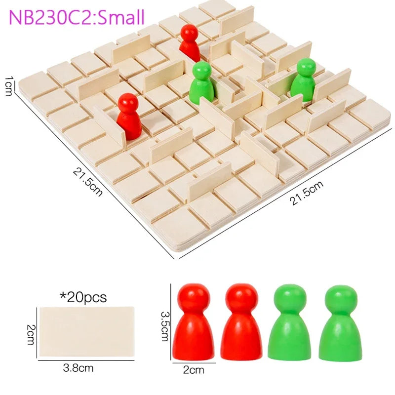 Wooden strategy chess game board with red and green pieces for brain training