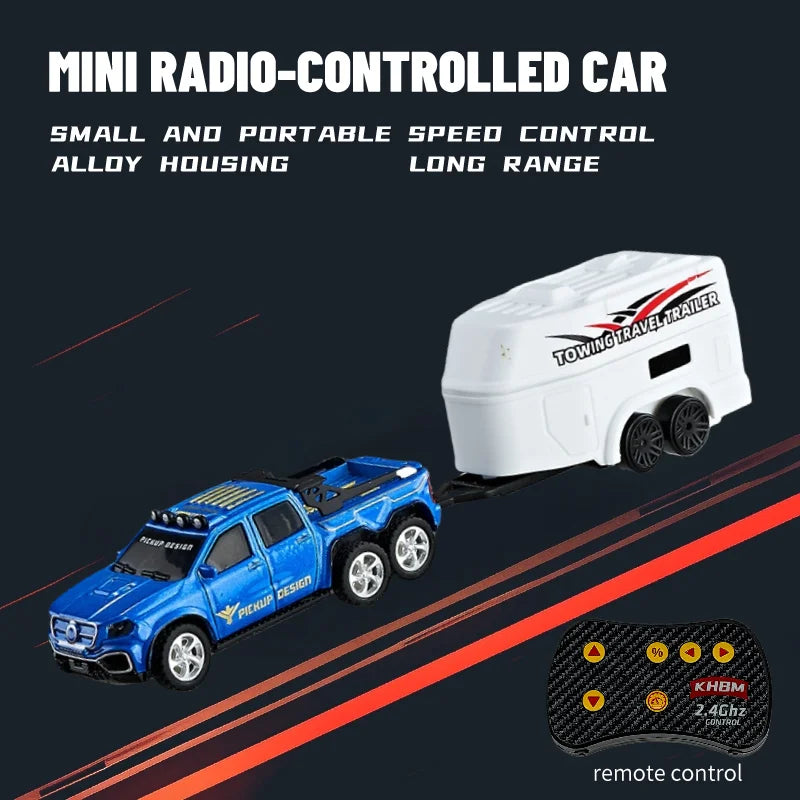 A blue mini radio-controlled car with alloy housing and a remote control is shown on a dark background.