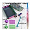 Diamond painting tool kit showing an iridescent tray, purple and green clay, and replacement tips.