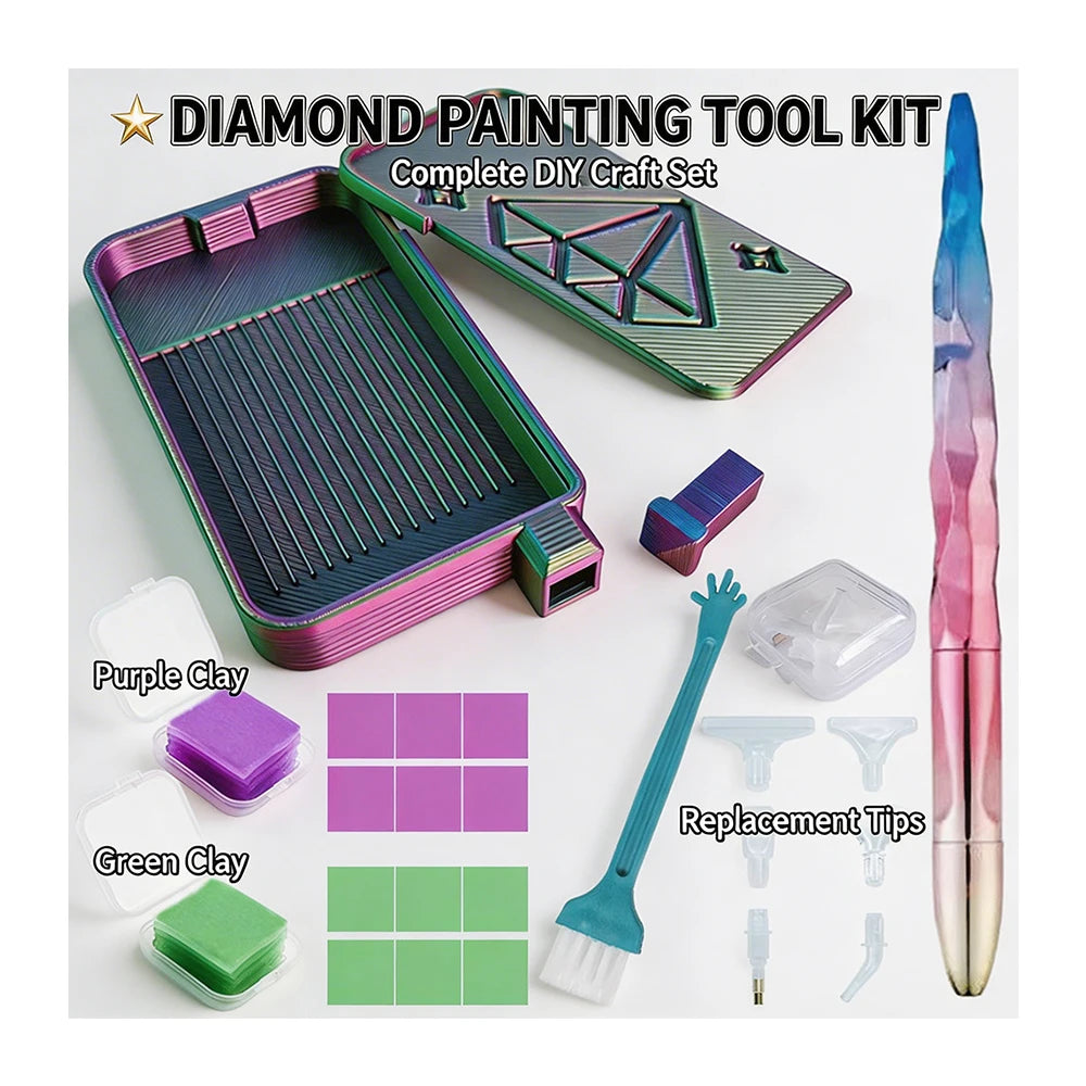 Diamond painting tool kit showing an iridescent tray, purple and green clay, and replacement tips.