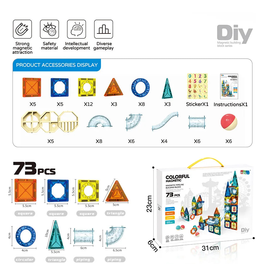 A set of magnetic pipe building blocks for kids showing various accessories and components.