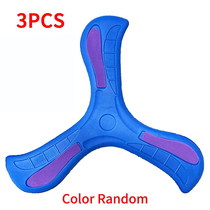 Three blue foam boomerang flying discs with random purple accents