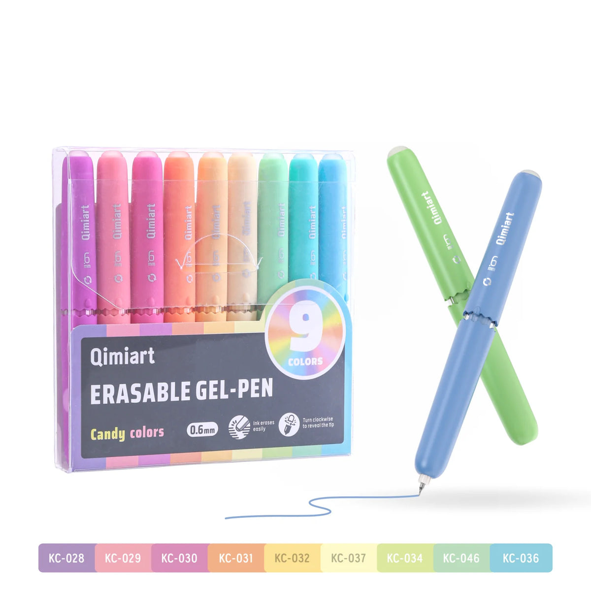 A set of nine Qimiart erasable gel pens in various colors, including pink, orange, green, and blue.