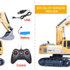 A yellow 1:24 scale remote control excavator with a plastic version and an alloy version, including battery and control remot