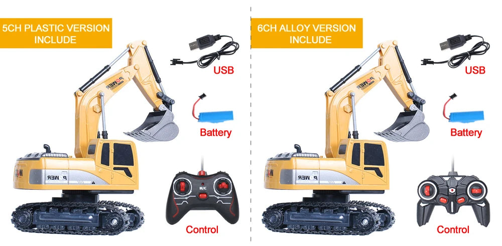 A yellow 1:24 scale remote control excavator with a plastic version and an alloy version, including battery and control remot