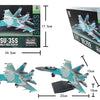 A building block set of a SU-35S multi-role fighter jet model in light blue and gray.