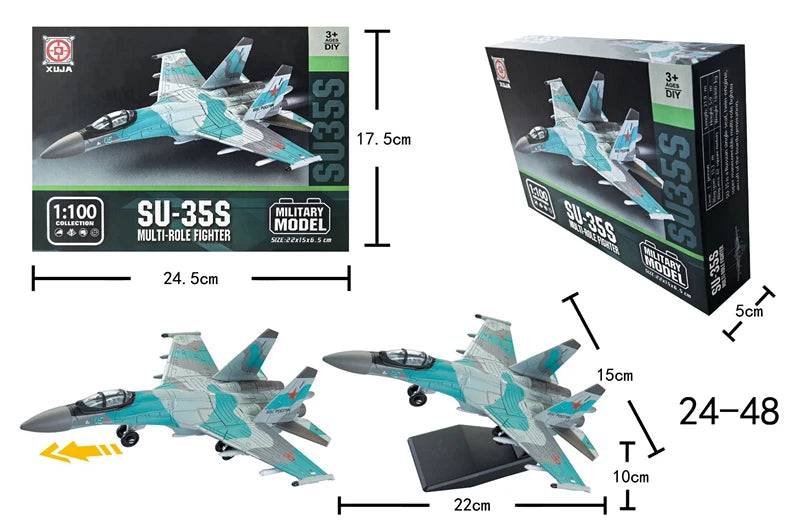 A building block set of a SU-35S multi-role fighter jet model in light blue and gray.