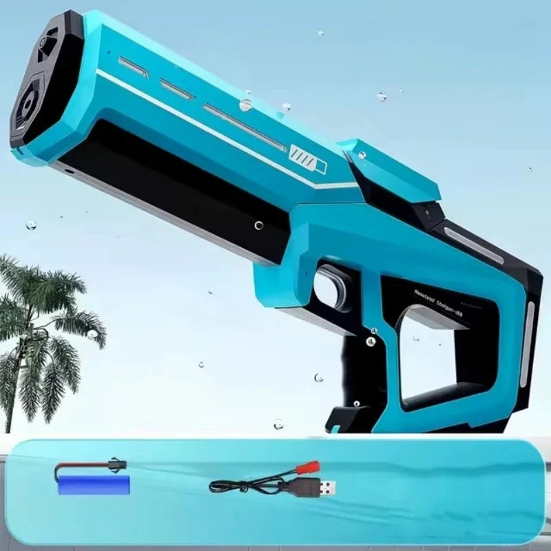 A blue and black rechargeable electric water blaster is shown angled, with a hose connected to it.