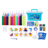 A Magic Water Elf DIY craft kit featuring assorted colored gel molds, bottles, and a blue storage box.
