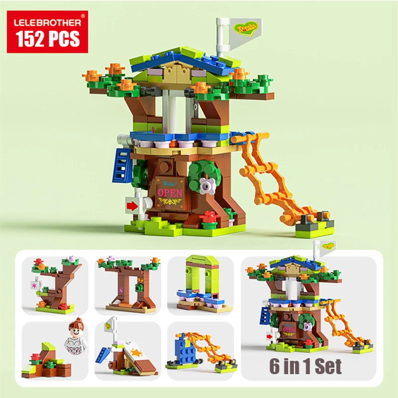 A 6 in 1 set of building blocks depicting a police helicopter and SWAT carrier vehicle.