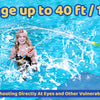 A girl is using a long range water blaster to spray water into the air, demonstrating its range up to 40 feet.