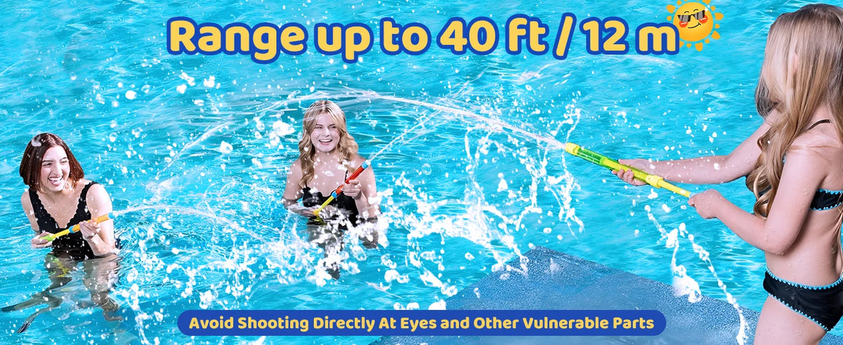 A girl is using a long range water blaster to spray water into the air, demonstrating its range up to 40 feet.