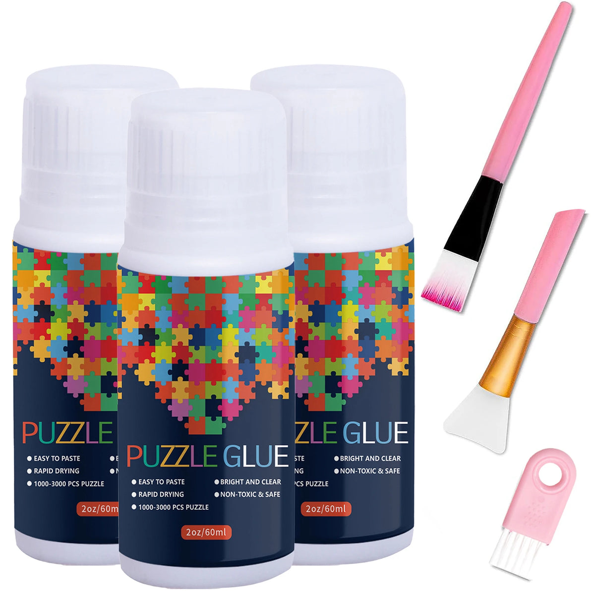 A set of clear puzzle glue bottles and a pink sponge applicator brush.