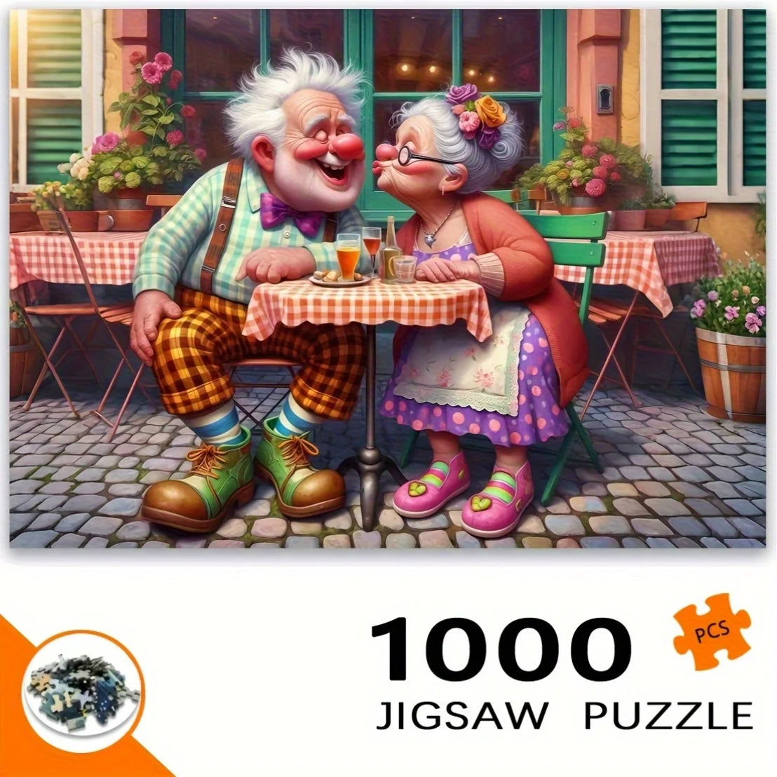 A vintage illustration of an elderly man and woman sitting at a table in a café setting for a jigsaw puzzle.