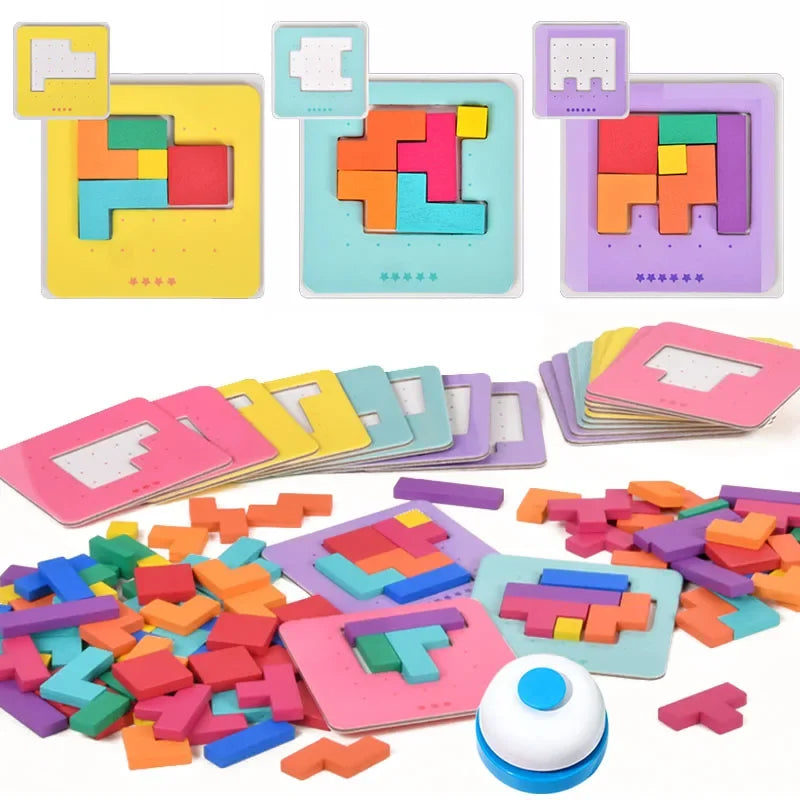 A set of wooden tangram puzzle pieces and a battle game board for kids