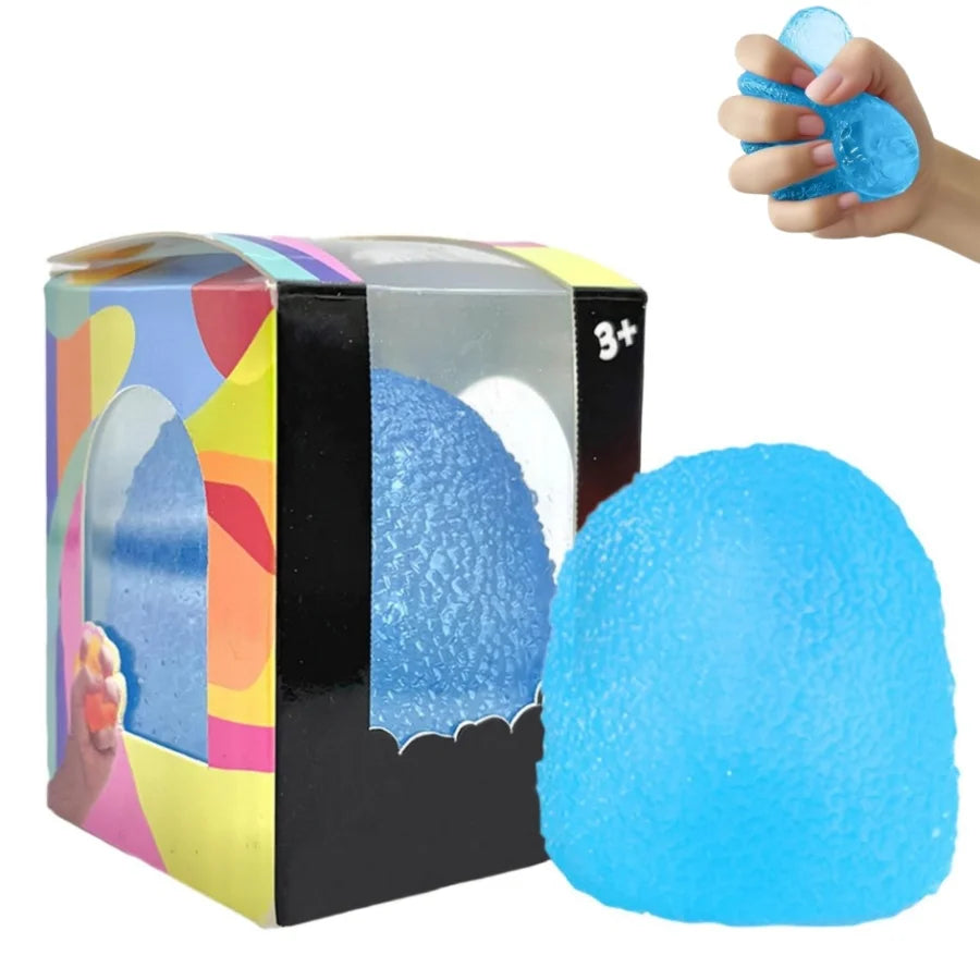 A box of blue squishy stress balls and a hand squeezing one, showing the colorful packaging.