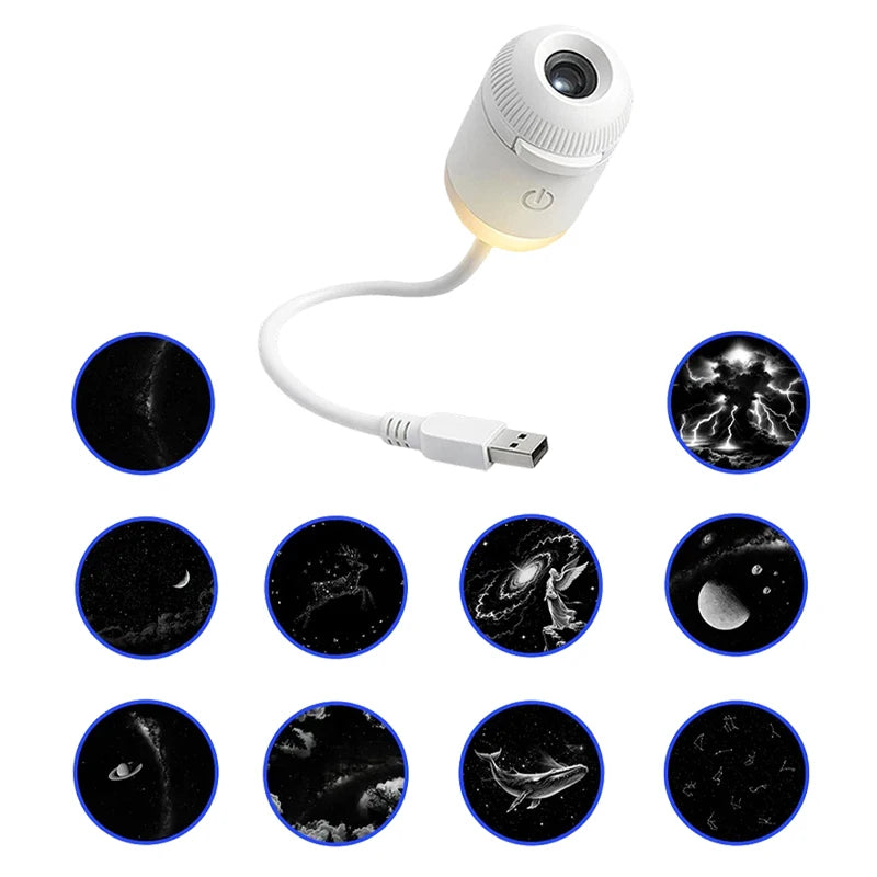 A white projector night light with an interchangeable filter, showing various starry sky patterns.
