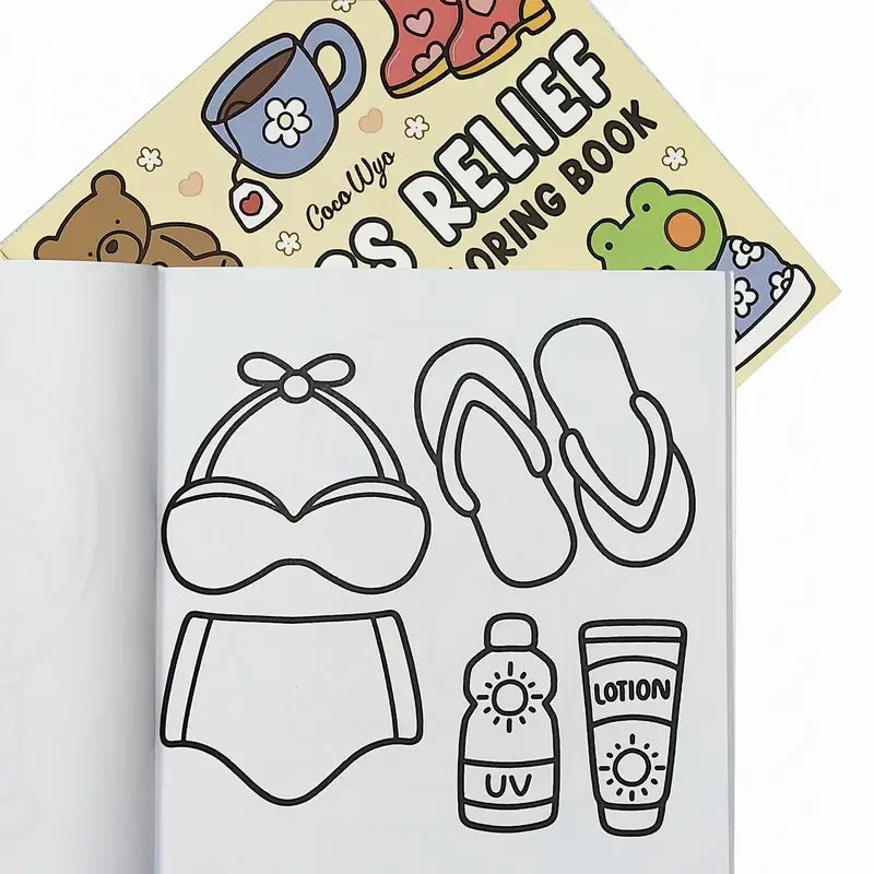 An open coloring book page showing line art designs for a stress relief adult coloring book.