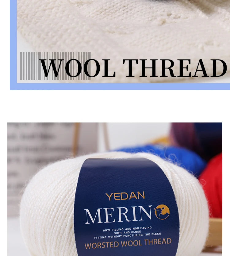 A ball of white merino wool thread labeled Worsted Wool Thread for knitting projects.