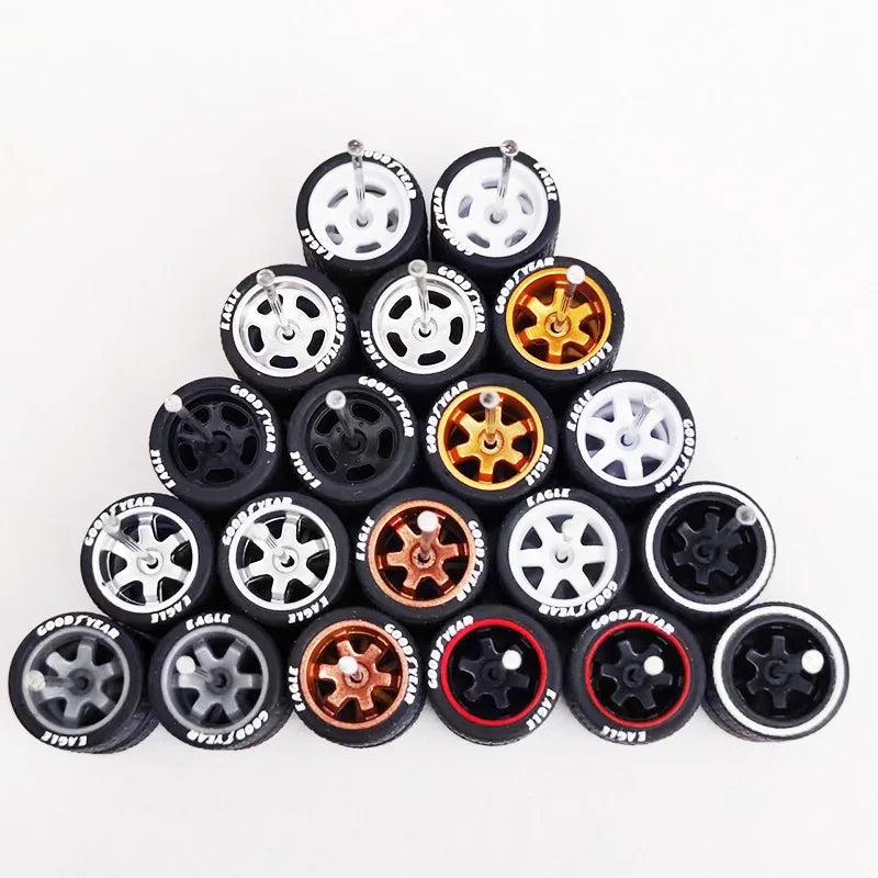 1/64 Scale Alloy Car Wheels with Rubber Tires - 10 Sets