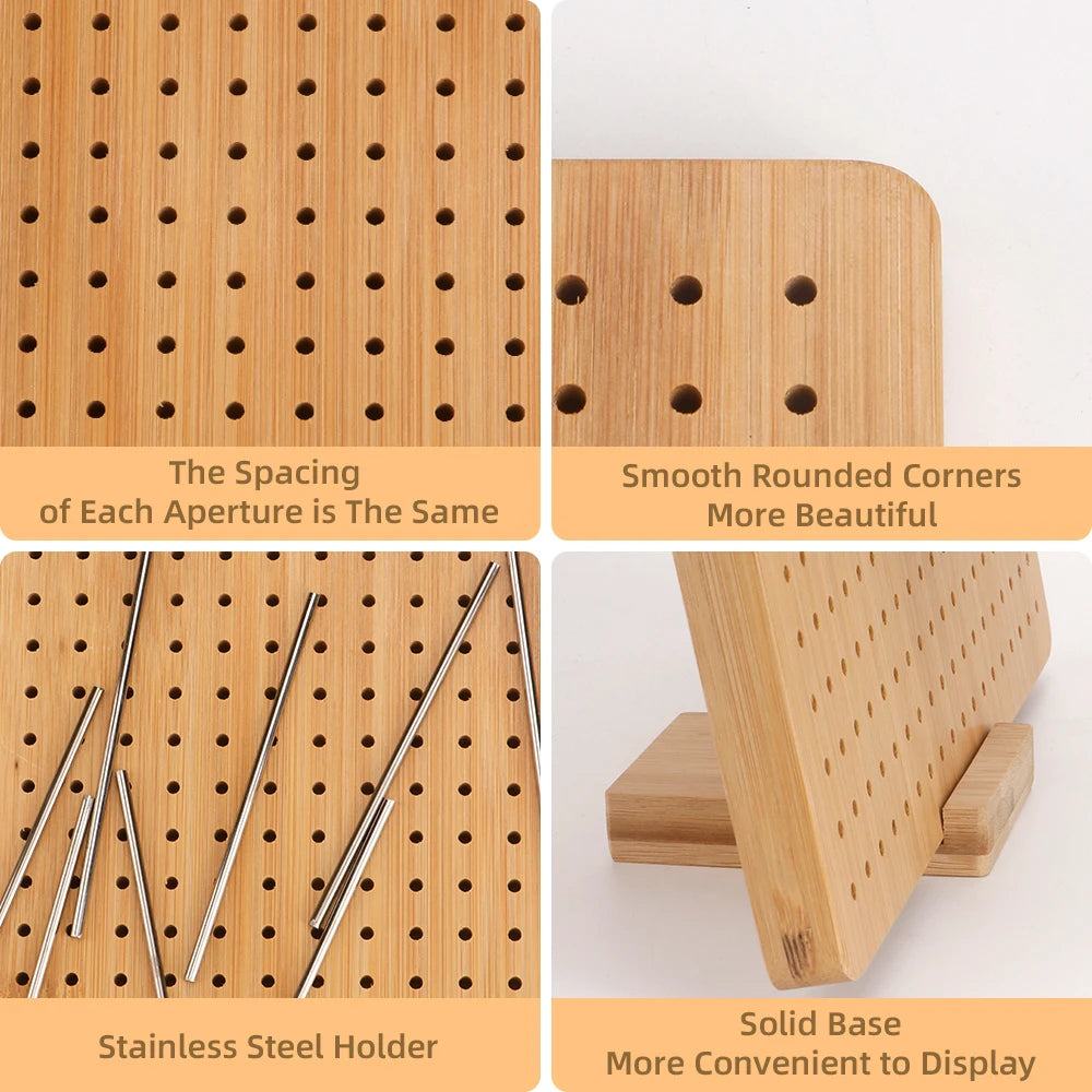 A bamboo crochet blocking board featuring a grid of uniform apertures, stainless steel pins, and a solid wooden stand.