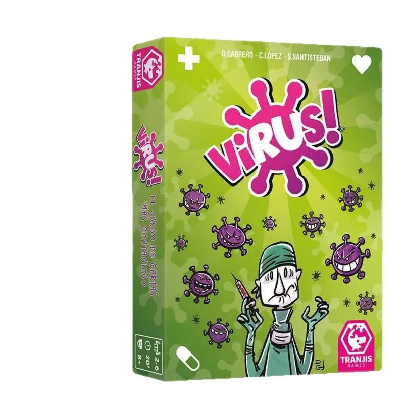 Box of Virus series card game set featuring a purple virus character and green background