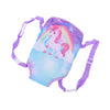 A purple mini backpack featuring a unicorn design with a rainbow and clouds.