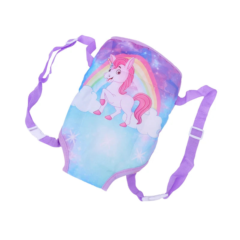 A purple mini backpack featuring a unicorn design with a rainbow and clouds.