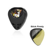 A black guitar pick holder with a clear window displaying a guitar pick.