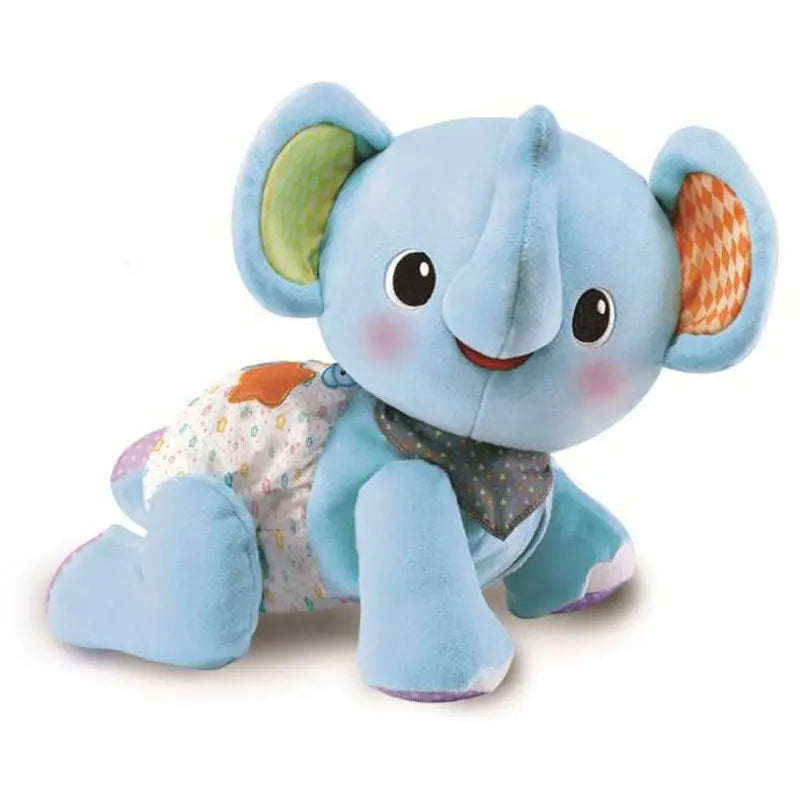 A soft blue bear toy with large ears and a patterned fabric attached to its body.